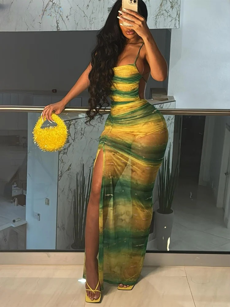 Trendy Gradient Backless Halter Split Long Bodycon Bandage Dress