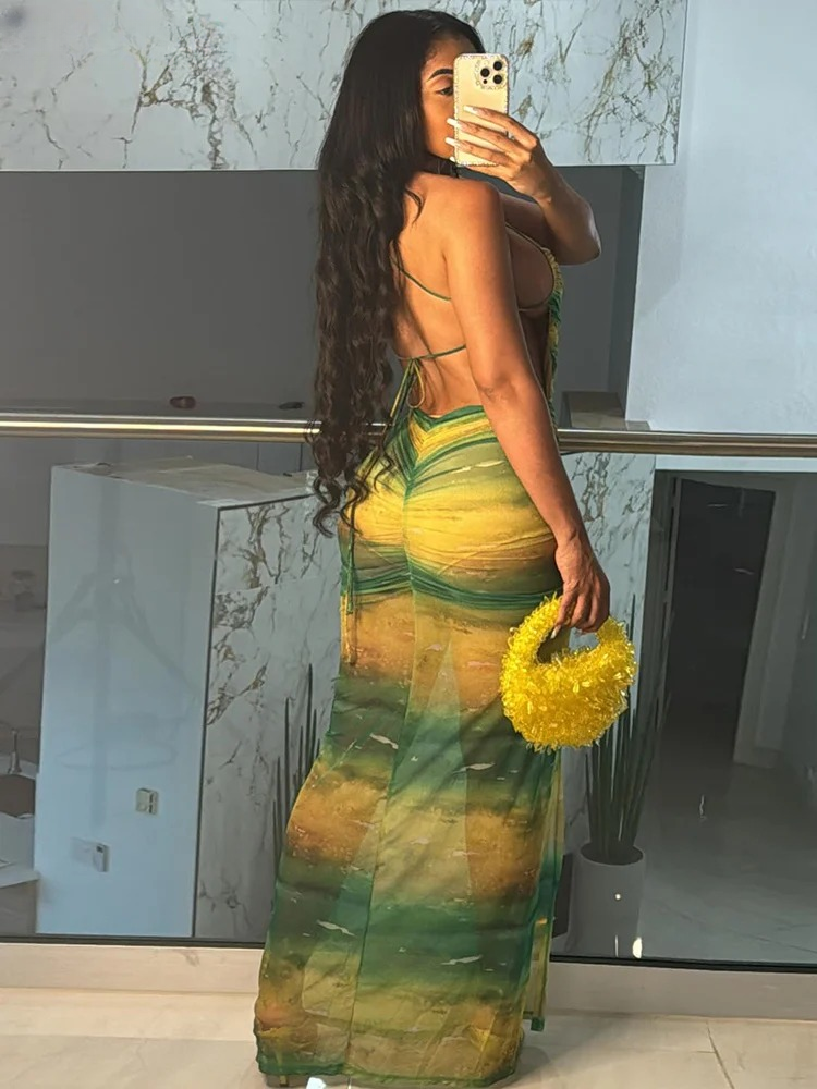 Trendy Gradient Backless Halter Split Long Bodycon Bandage Dress