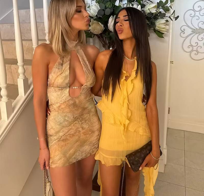 Trendy Halter Beach Style V-Neck Lace Up Hollow Out Printed Mini Dress