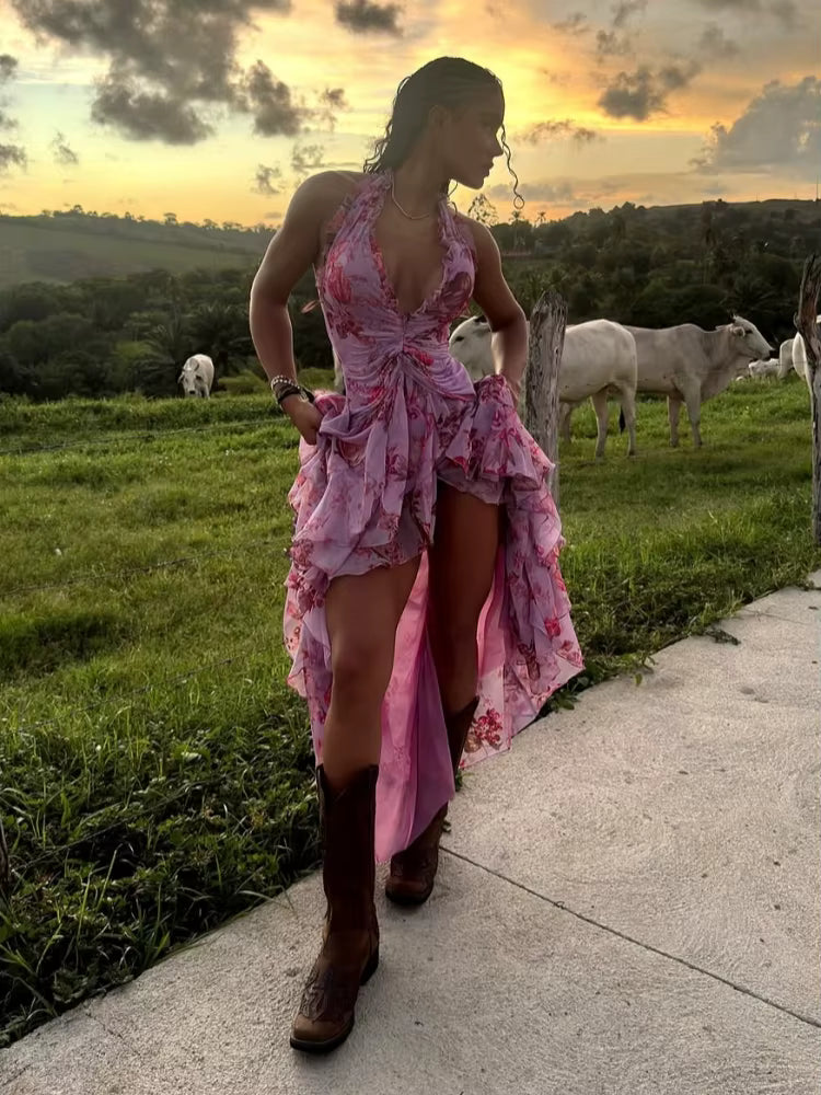 Trendy Halter Neck Ruffles Floral Printed Long Backless Side Split Maxi Dress