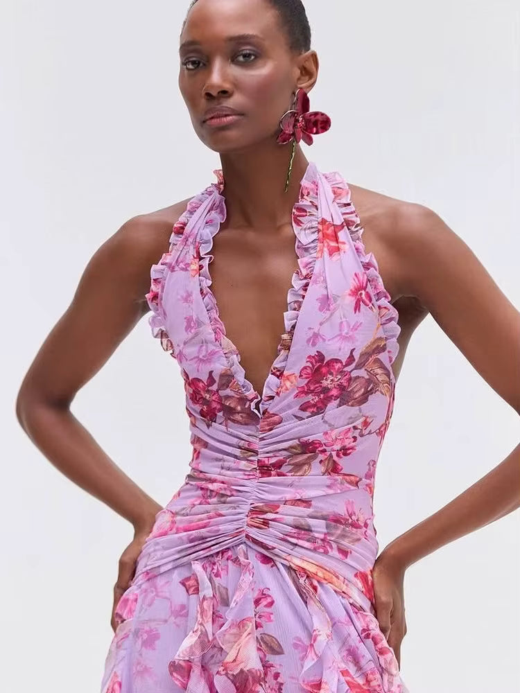 Trendy Halter Neck Ruffles Floral Printed Long Backless Side Split Maxi Dress