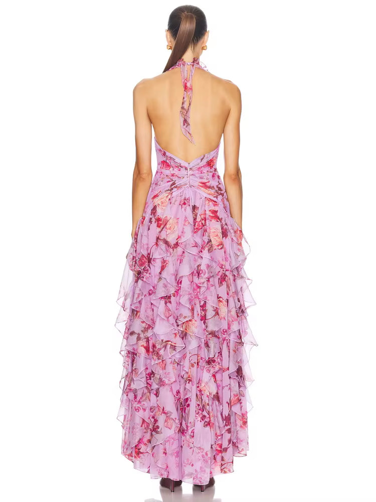 Trendy Halter Neck Ruffles Floral Printed Long Backless Side Split Maxi Dress