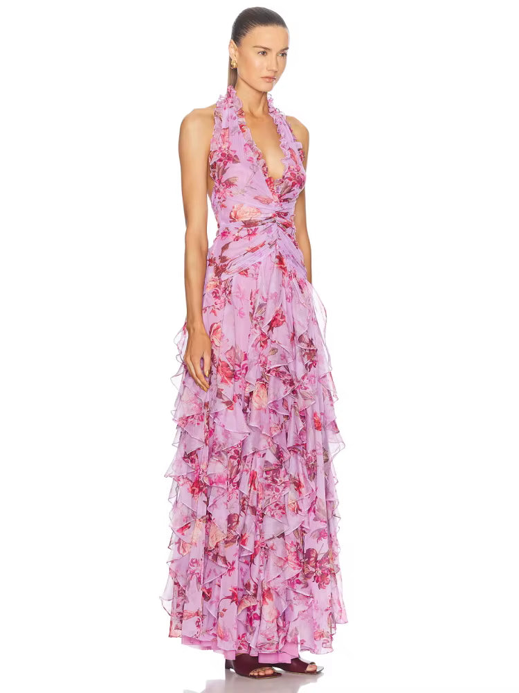 Trendy Halter Neck Ruffles Floral Printed Long Backless Side Split Maxi Dress