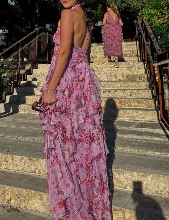 Trendy Halter Neck Ruffles Floral Printed Long Backless Side Split Maxi Dress