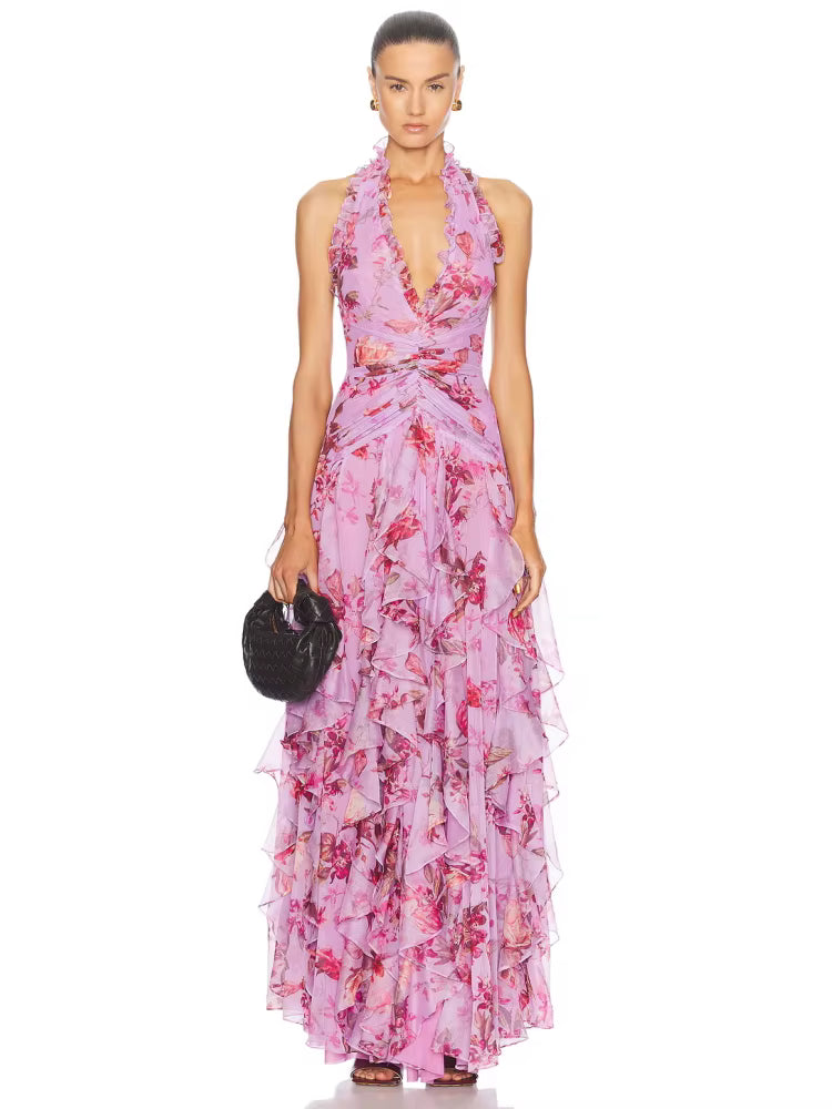 Trendy Halter Neck Ruffles Floral Printed Long Backless Side Split Maxi Dress