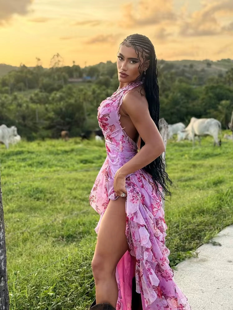 Trendy Halter Neck Ruffles Floral Printed Long Backless Side Split Maxi Dress
