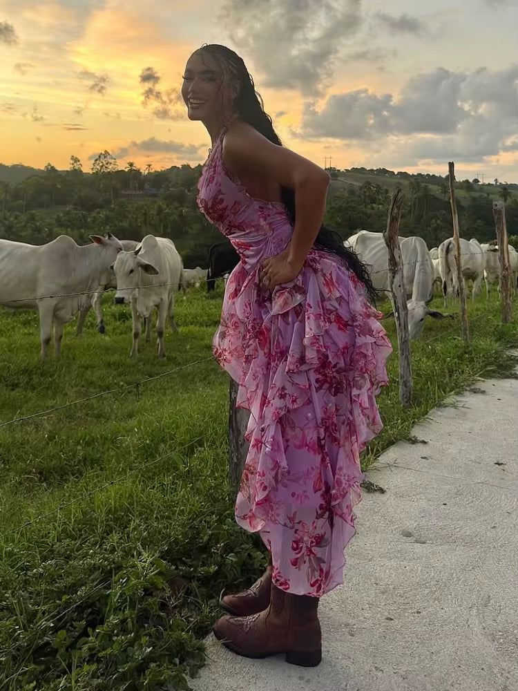 Trendy Halter Neck Ruffles Floral Printed Long Backless Side Split Maxi Dress