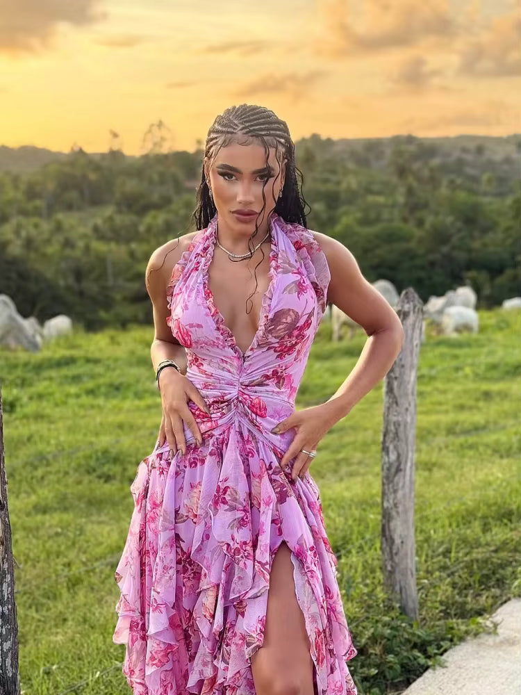 Trendy Halter Neck Ruffles Floral Printed Long Backless Side Split Maxi Dress