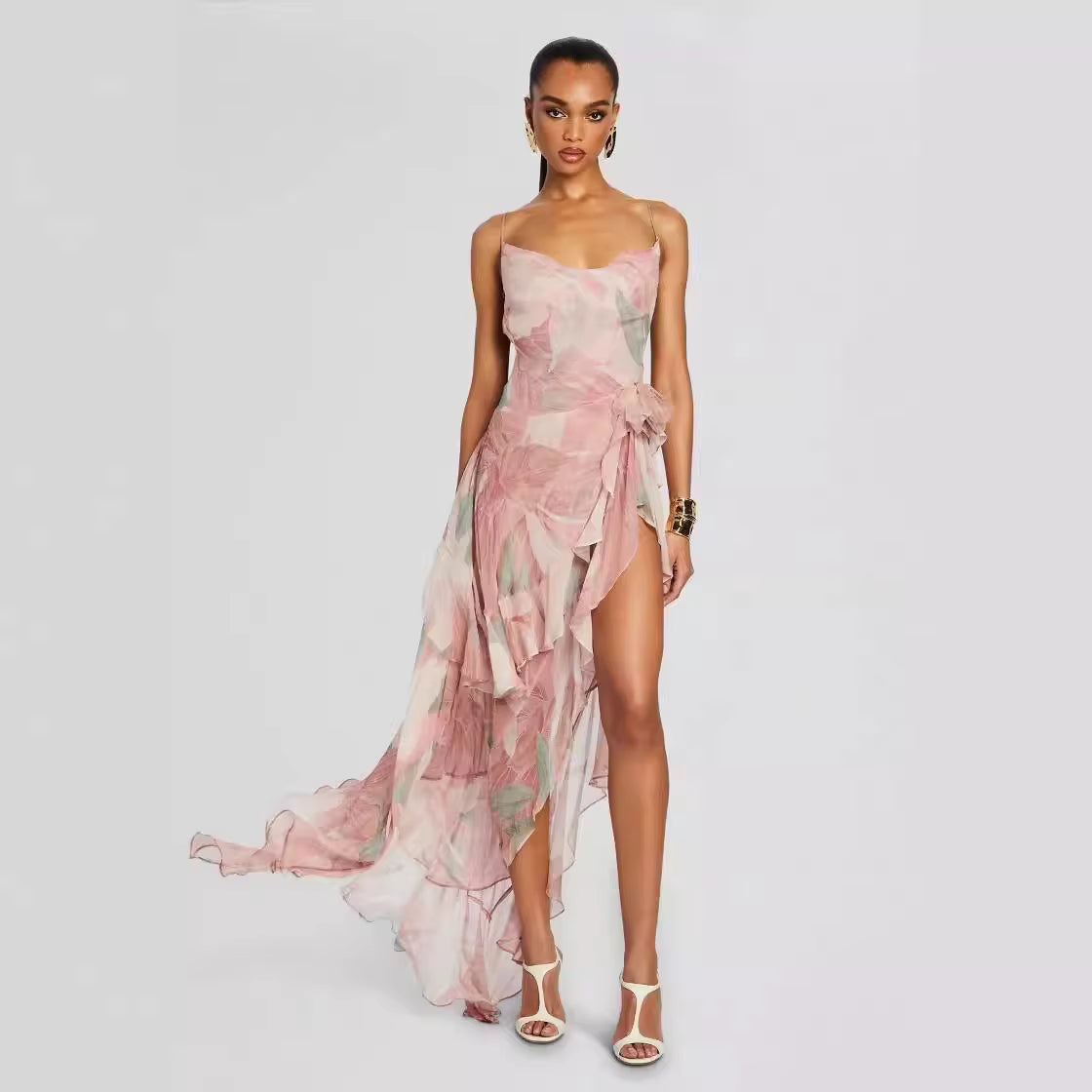 Trendy Halter Printed Sleeveless Ruffled Hem Midi Dress