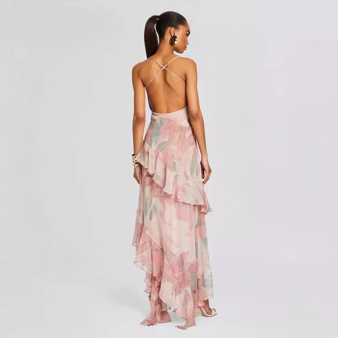 Trendy Halter Printed Sleeveless Ruffled Hem Midi Dress