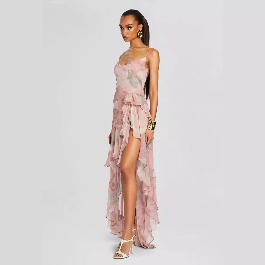 Trendy Halter Printed Sleeveless Ruffled Hem Midi Dress