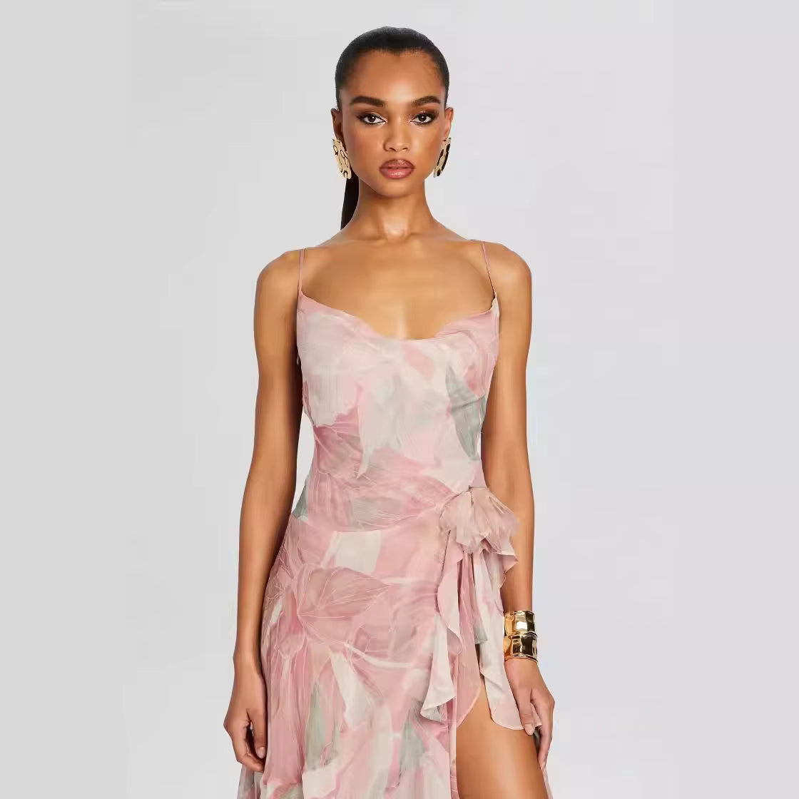 Trendy Halter Printed Sleeveless Ruffled Hem Midi Dress
