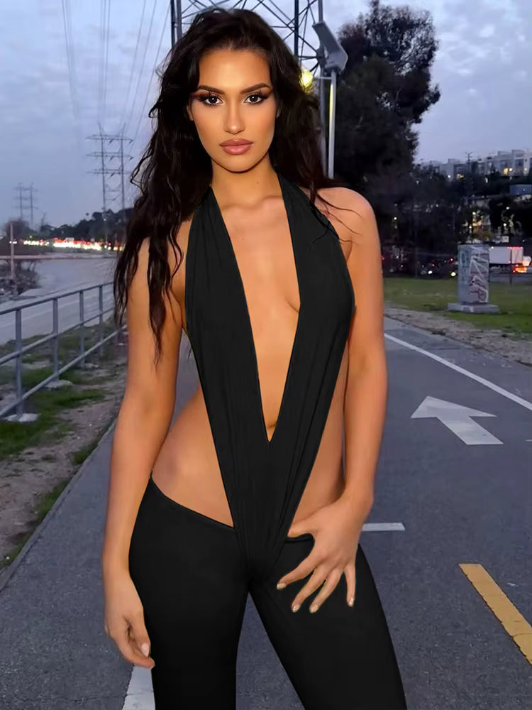 Trendy Irregular Hollow Bandage Halter Deep V-Neck Skinny Stretch Jumpsuits