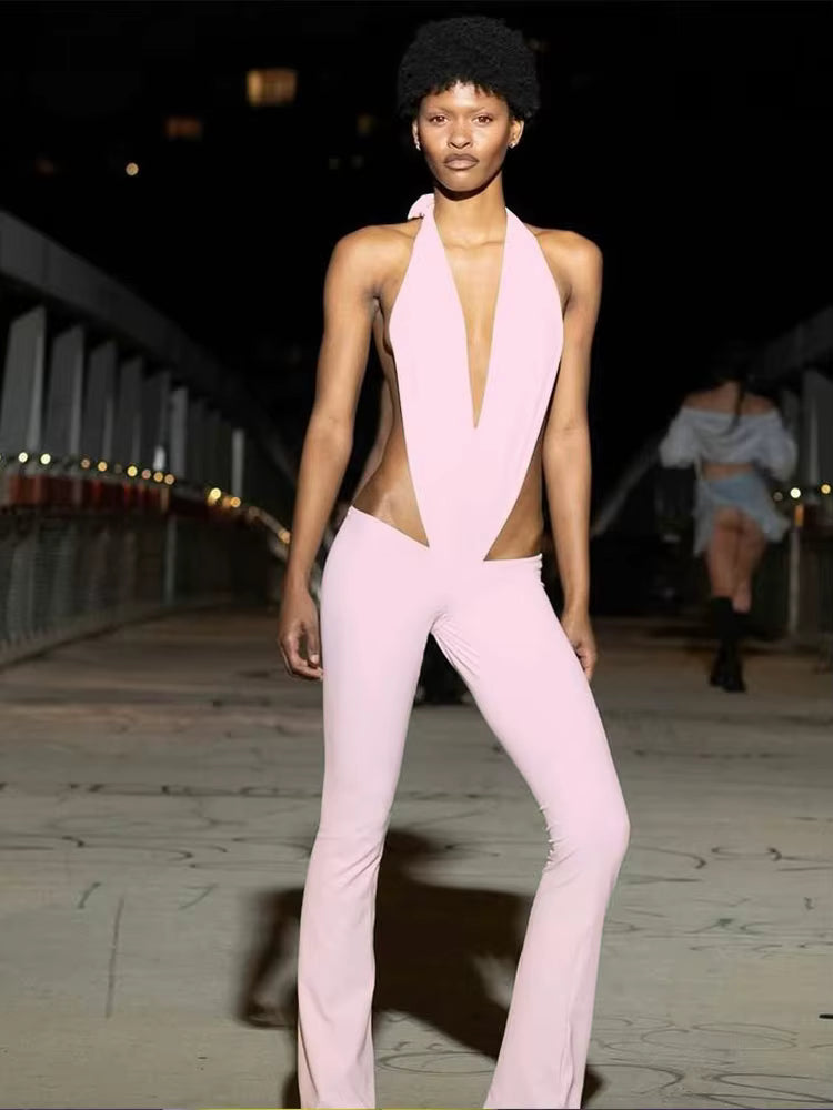 Trendy Irregular Hollow Bandage Halter Deep V-Neck Skinny Stretch Jumpsuits