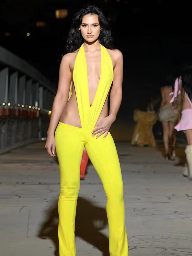 Trendy Irregular Hollow Bandage Halter Deep V-Neck Skinny Stretch Jumpsuits