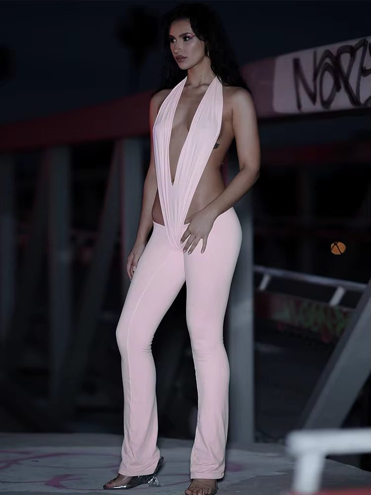 Trendy Irregular Hollow Bandage Halter Deep V-Neck Skinny Stretch Jumpsuits