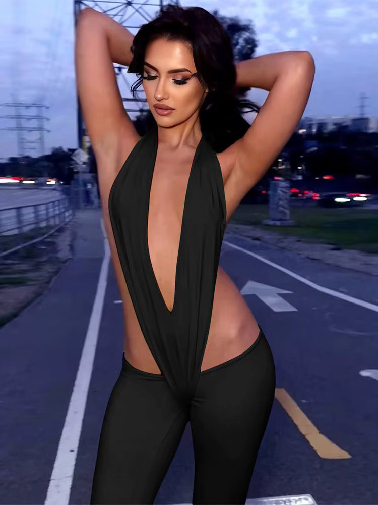 Trendy Irregular Hollow Bandage Halter Deep V-Neck Skinny Stretch Jumpsuits