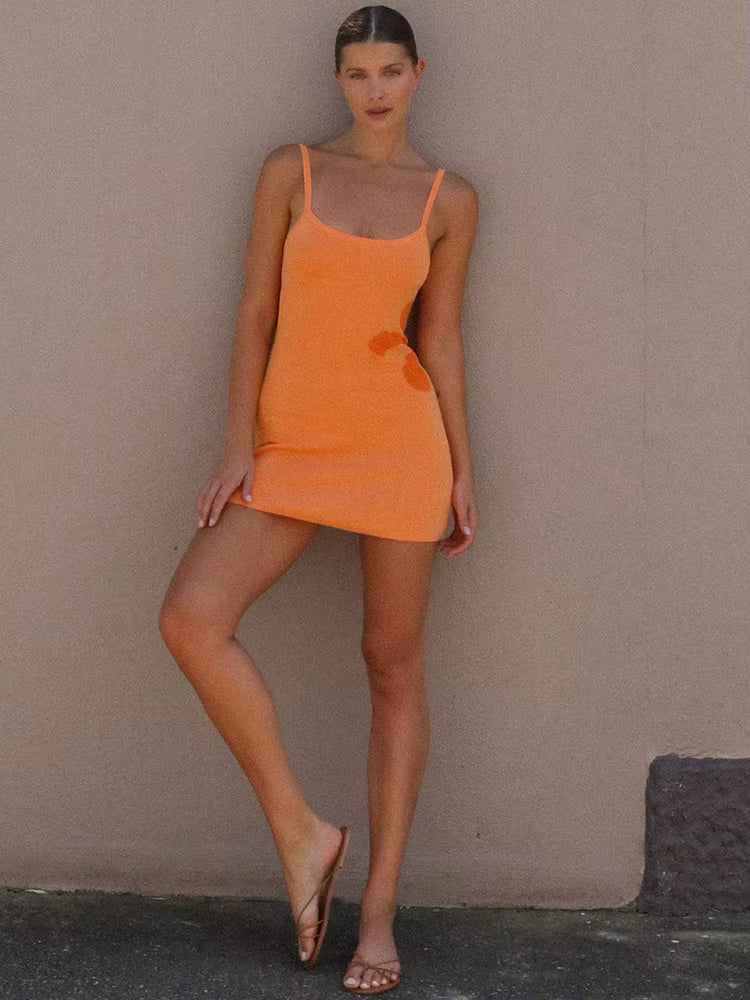Trendy Knit Print Spaghetti Strap Backless Mini Dress Beachwear