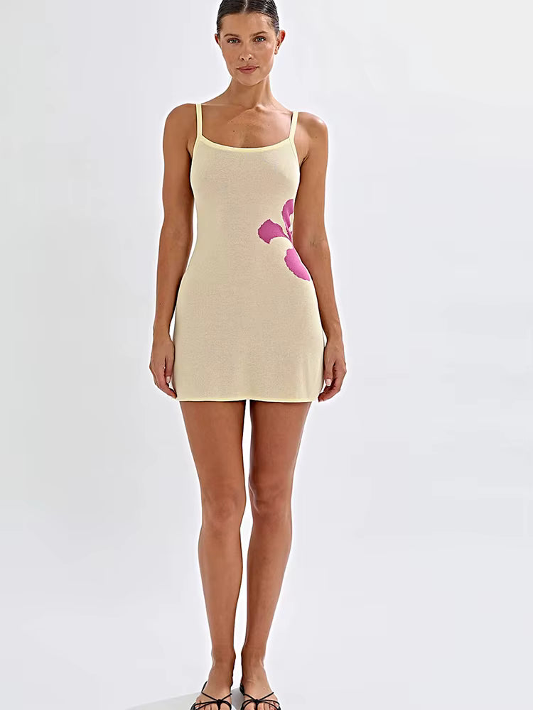 Trendy Knit Print Spaghetti Strap Backless Mini Dress Beachwear