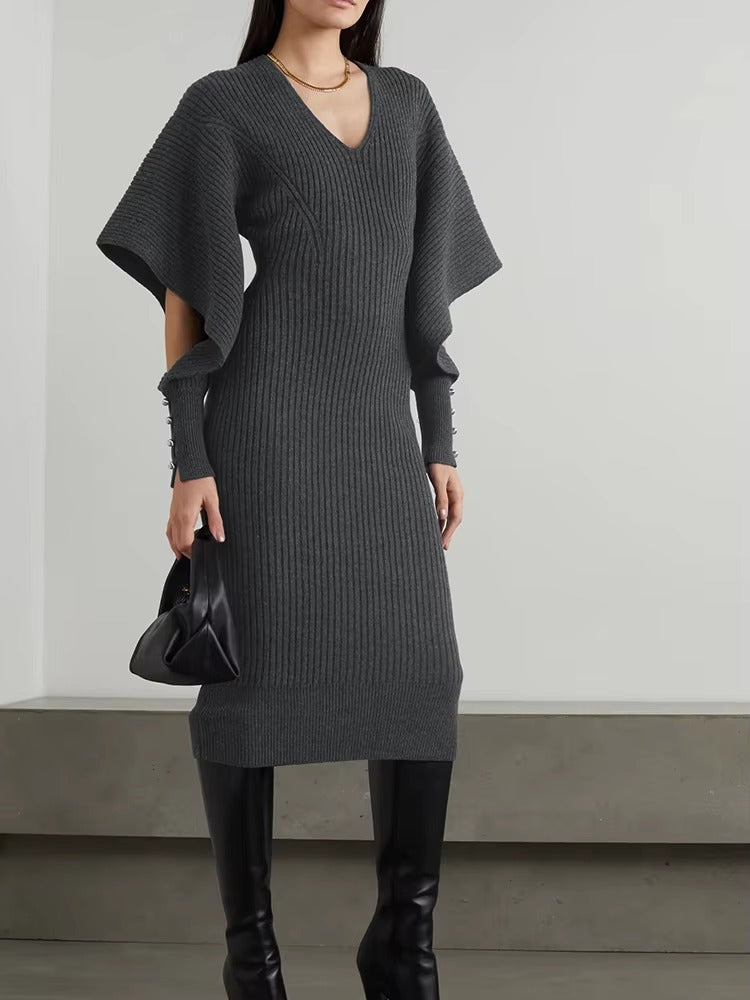 Trendy Knitted Long Sleeves V-Neck Fall Midi Dress