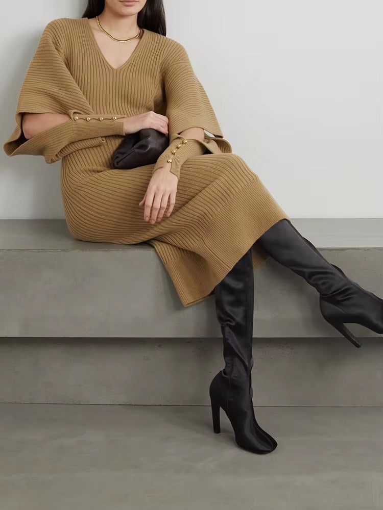 Trendy Knitted Long Sleeves V-Neck Fall Midi Dress
