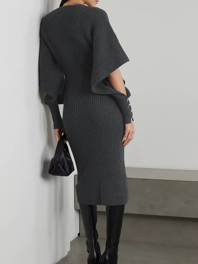 Trendy Knitted Long Sleeves V-Neck Fall Midi Dress