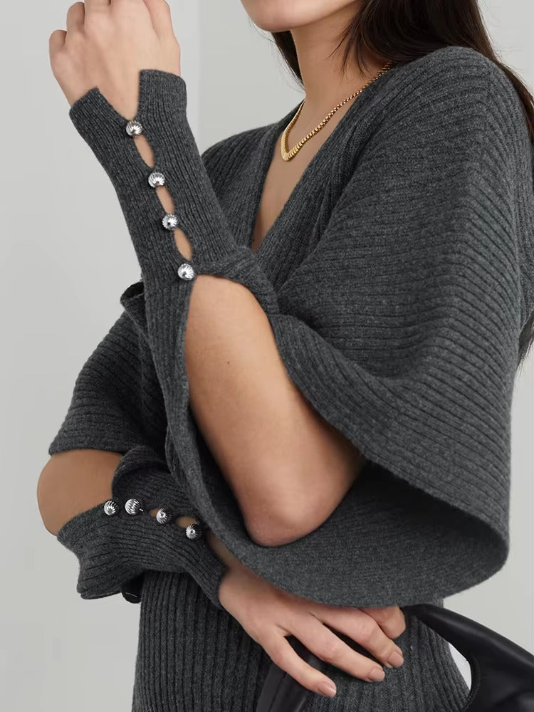 Trendy Knitted Long Sleeves V-Neck Fall Midi Dress