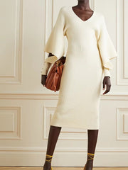 Trendy Knitted Long Sleeves V-Neck Fall Midi Dress