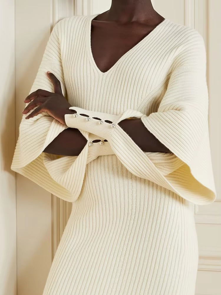 Trendy Knitted Long Sleeves V-Neck Fall Midi Dress