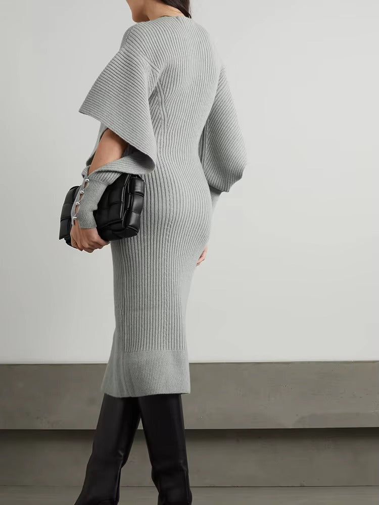 Trendy Knitted Long Sleeves V-Neck Fall Midi Dress