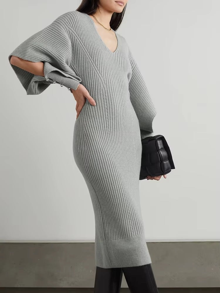 Trendy Knitted Long Sleeves V-Neck Fall Midi Dress