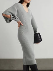 Trendy Knitted Long Sleeves V-Neck Fall Midi Dress
