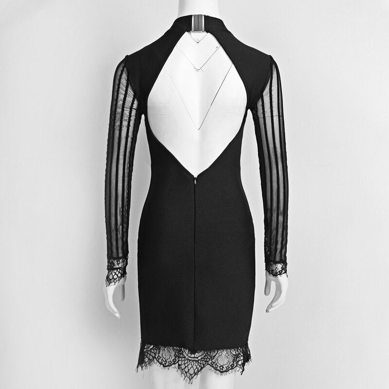Trendy Lace Bandage Long Sleeve Celebrity Evening Party Bodycon Dress