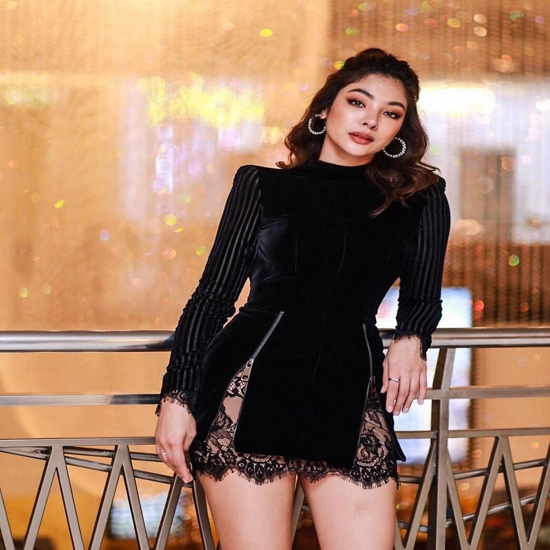Trendy Lace Bandage Long Sleeve Celebrity Evening Party Bodycon Dress