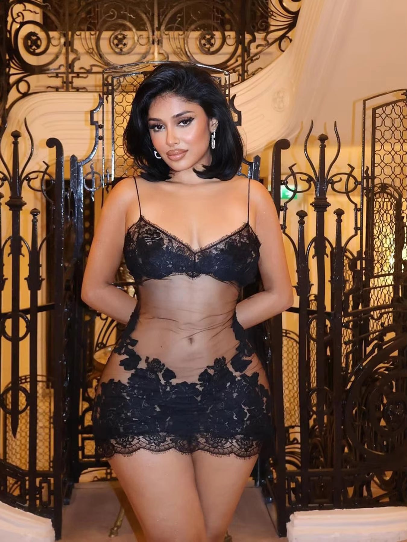 Trendy Lace Mesh See Through Spaghetti Strap Backless Mini Dress