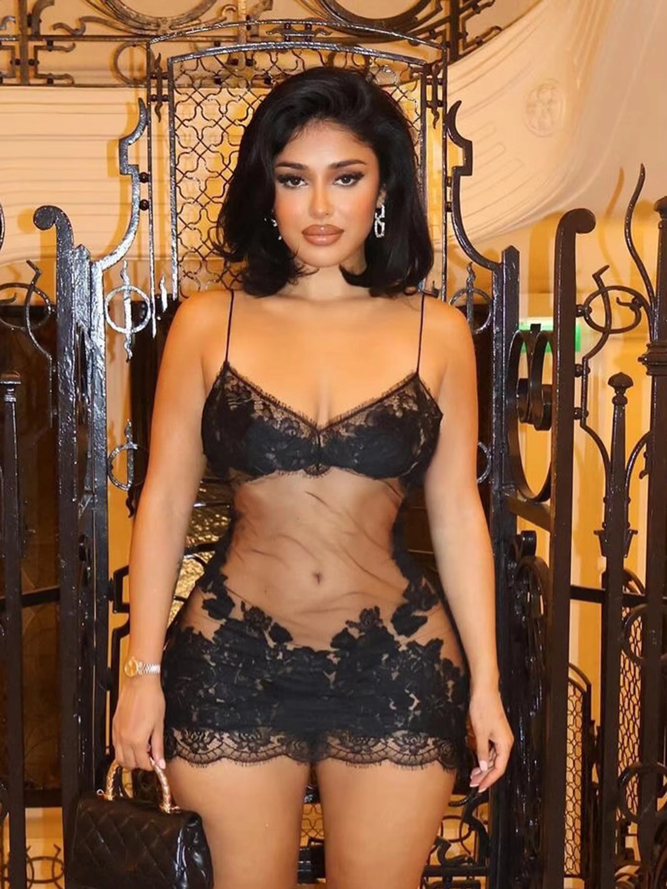 Trendy Lace Mesh See Through Spaghetti Strap Backless Mini Dress