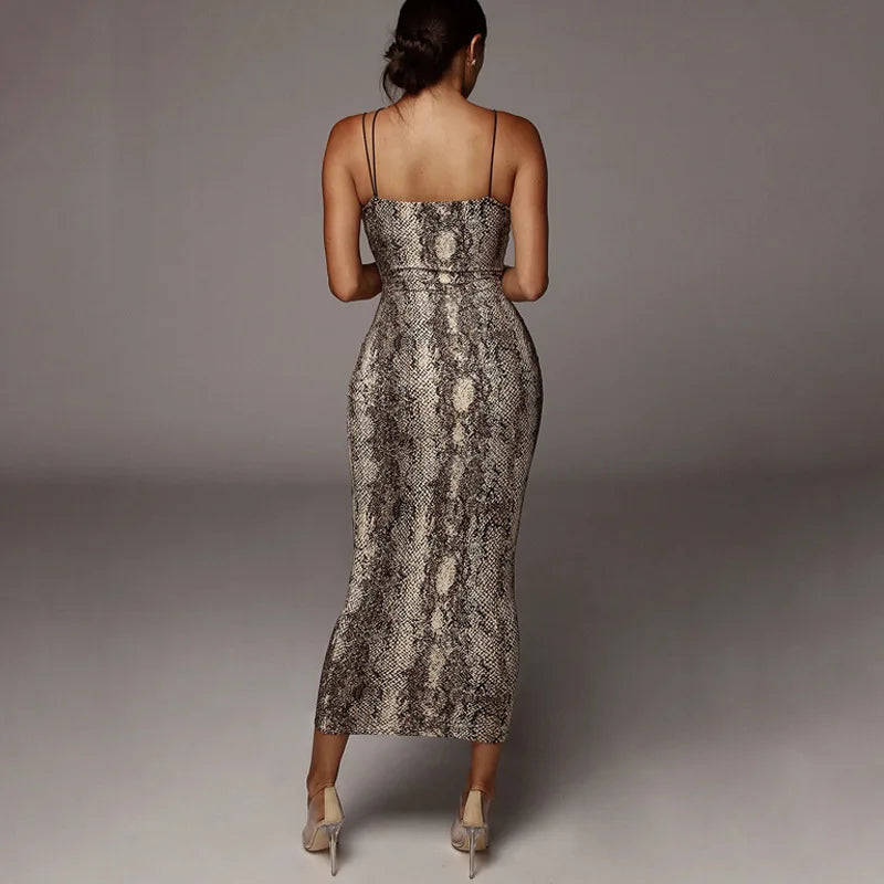 Trendy Leopard Sheath Spaghetti Strap High Stretch Bodycon Midi Dress