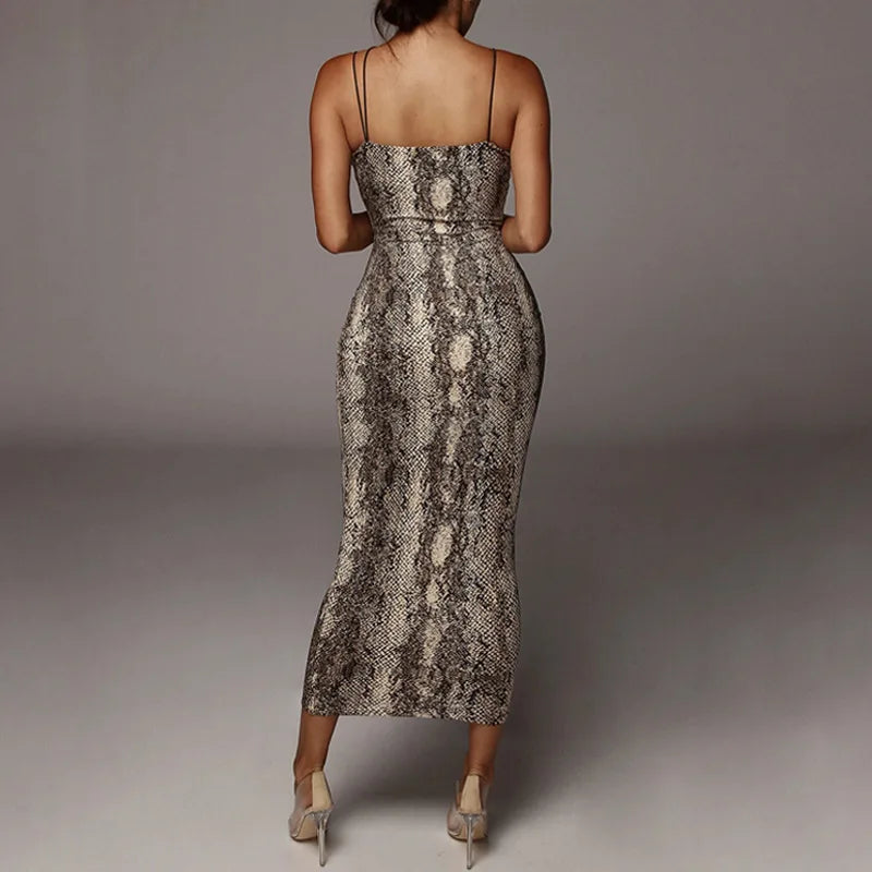 Trendy Leopard Sheath Spaghetti Strap High Stretch Bodycon Midi Dress