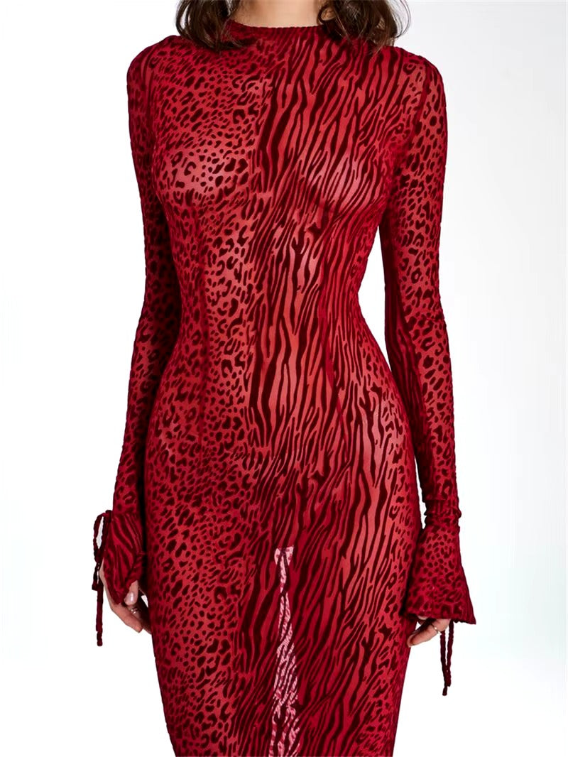 Trendy Long Flare Sleeve Striped Print Bodycon Maxi Dress