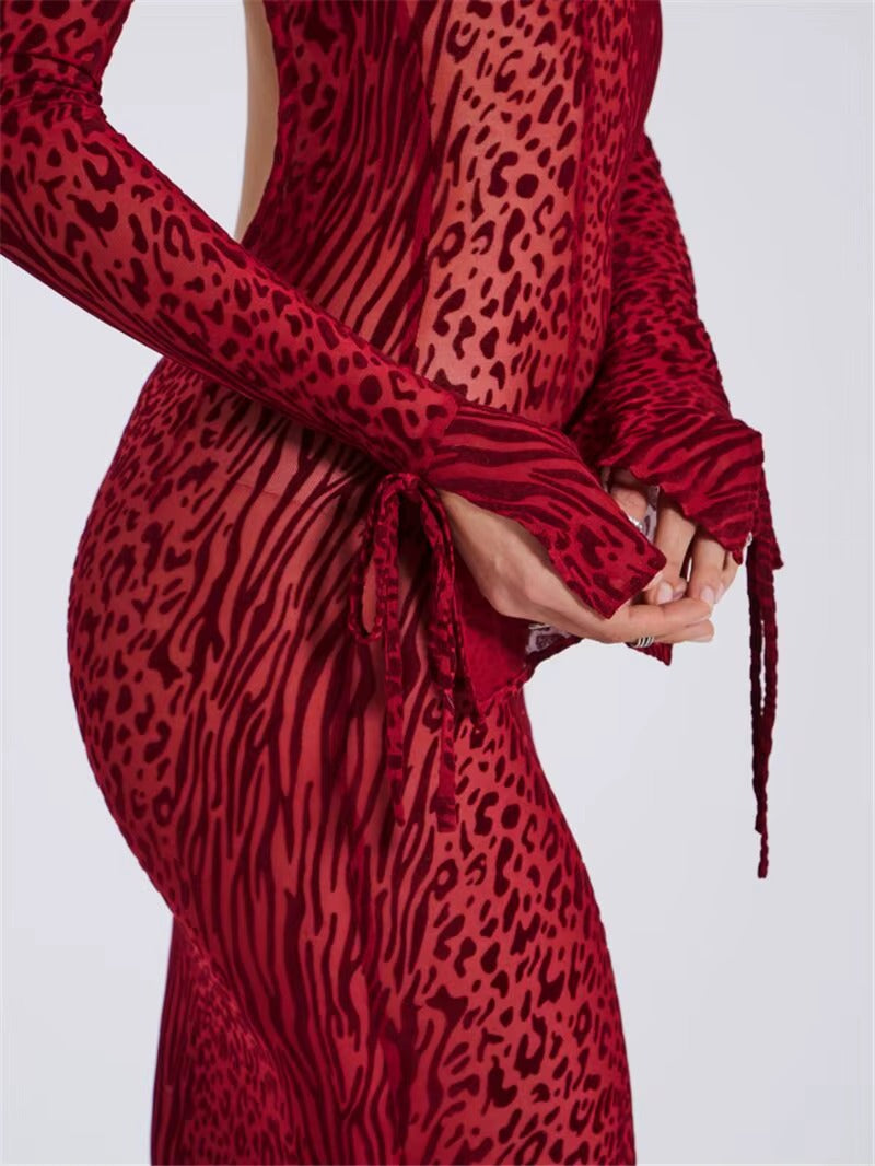 Trendy Long Flare Sleeve Striped Print Bodycon Maxi Dress