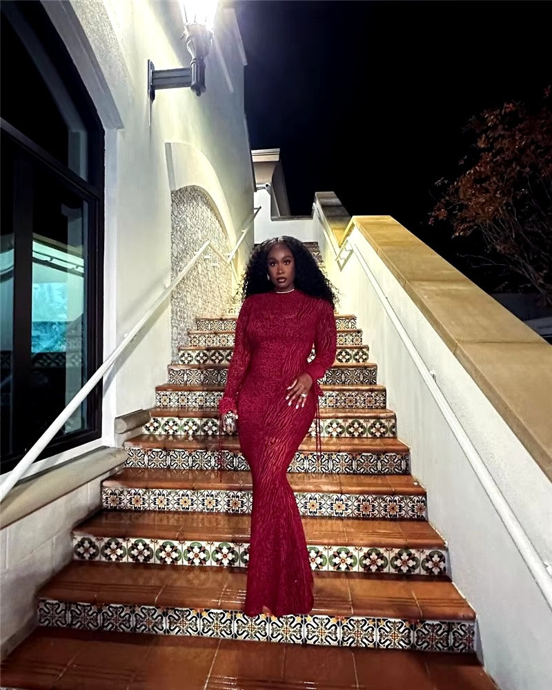 Trendy Long Flare Sleeve Striped Print Bodycon Maxi Dress