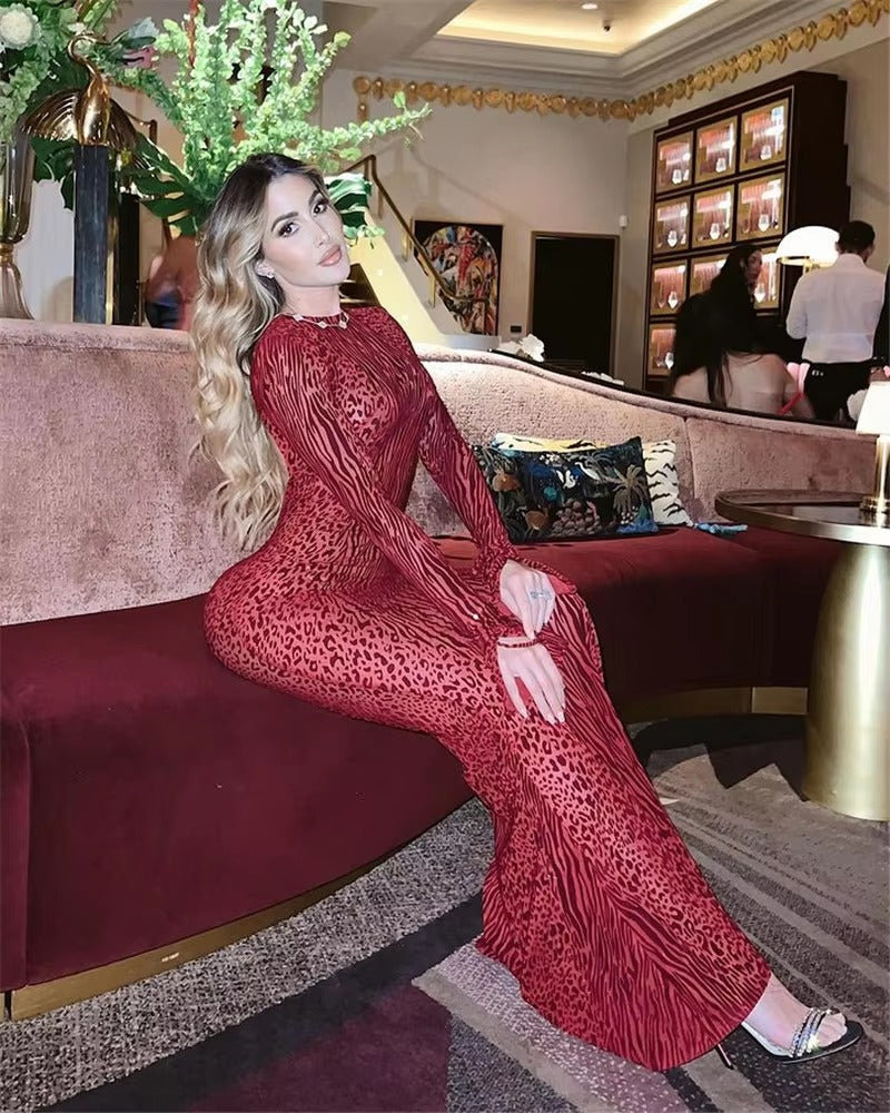 Trendy Long Flare Sleeve Striped Print Bodycon Maxi Dress