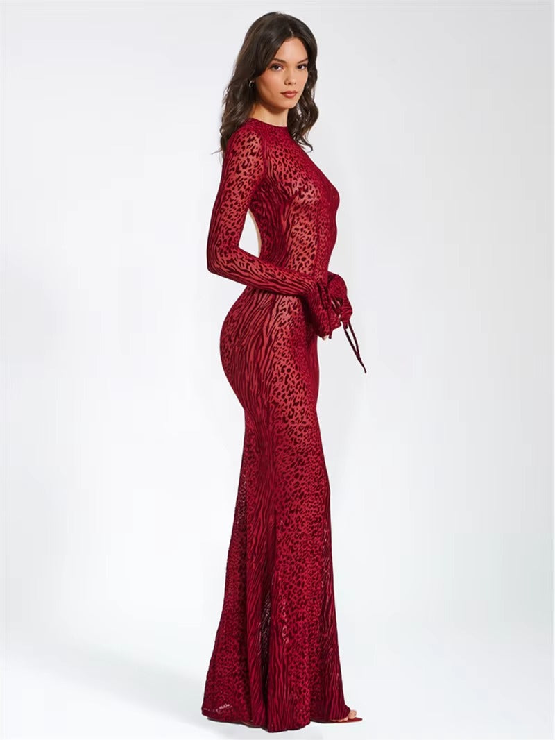 Trendy Long Flare Sleeve Striped Print Bodycon Maxi Dress