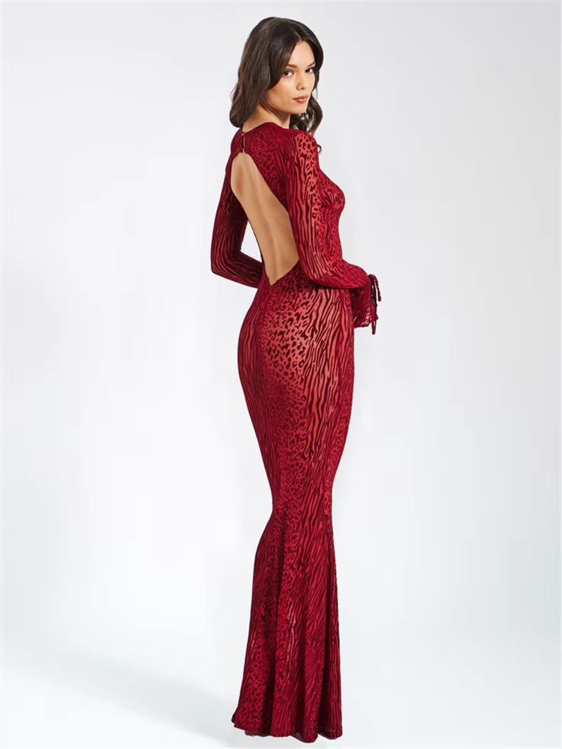 Trendy Long Flare Sleeve Striped Print Bodycon Maxi Dress