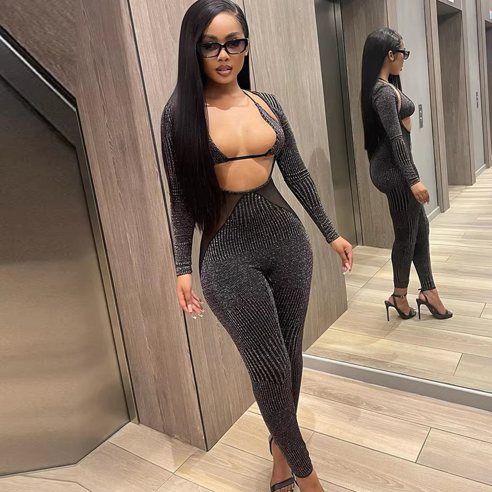 Trendy Mesh Patchwork Overalls for Cut Out Skinny Jumpsuit With Underwear Bra