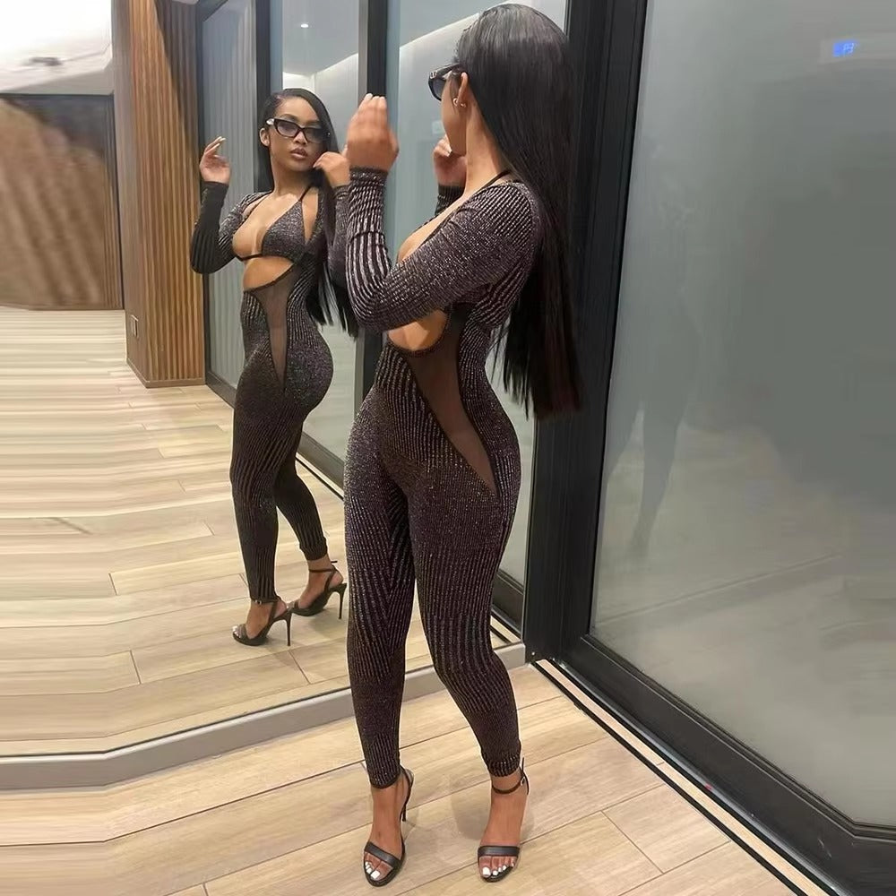 Trendy Mesh Patchwork Overalls for Cut Out Skinny Jumpsuit With Underwear Bra
