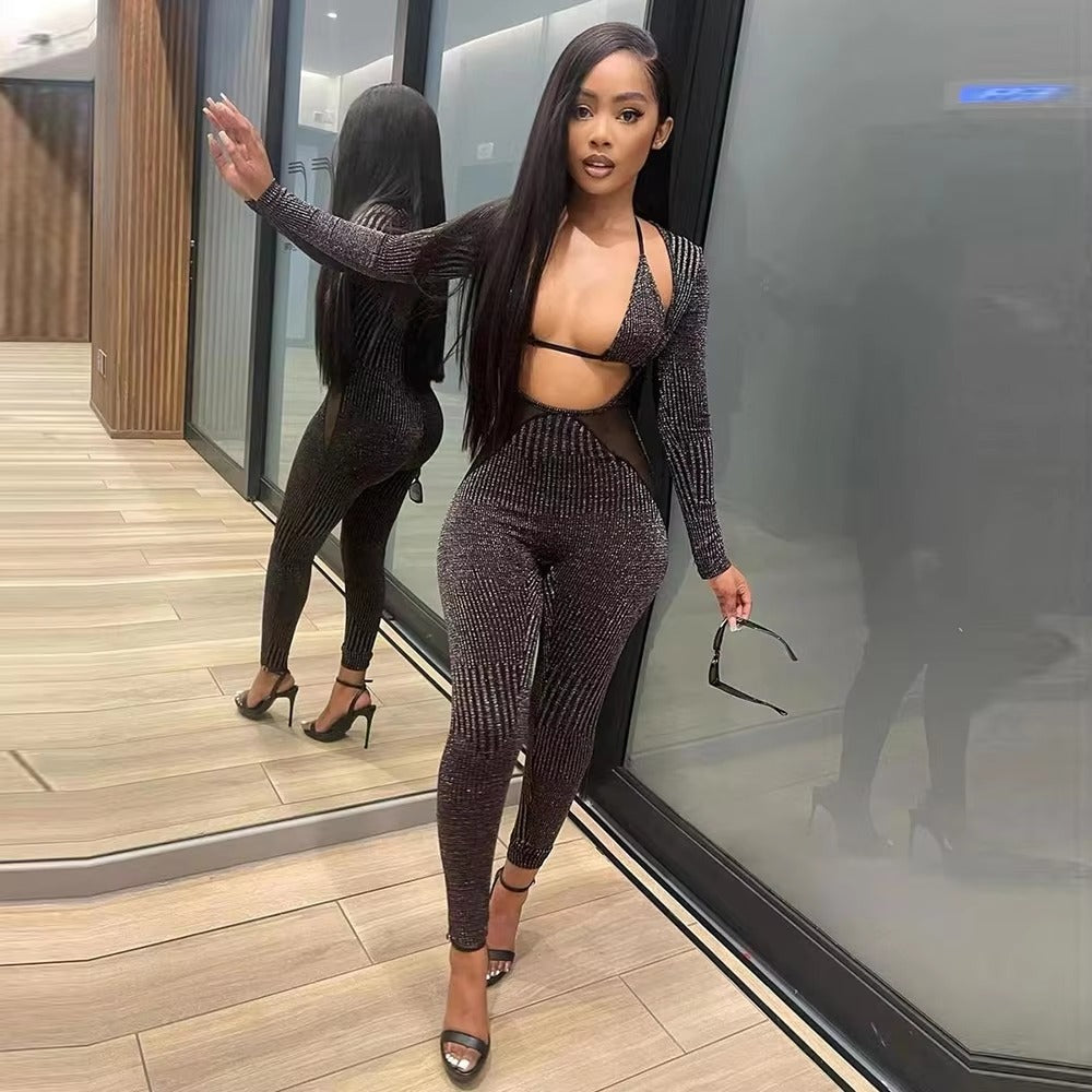 Trendy Mesh Patchwork Overalls for Cut Out Skinny Jumpsuit With Underwear Bra