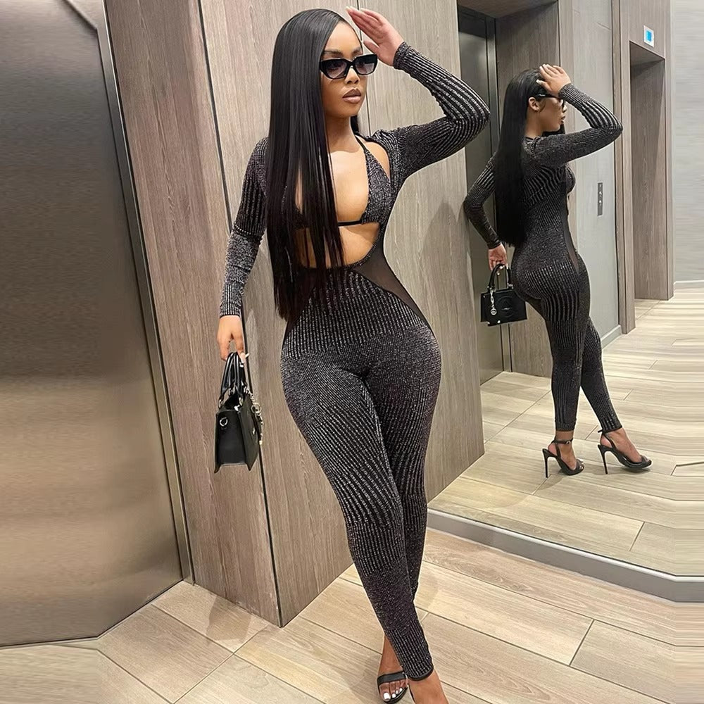 Trendy Mesh Patchwork Overalls for Cut Out Skinny Jumpsuit With Underwear Bra