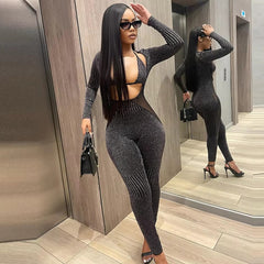 Trendy Mesh Patchwork Overalls for Cut Out Skinny Jumpsuit With Underwear Bra