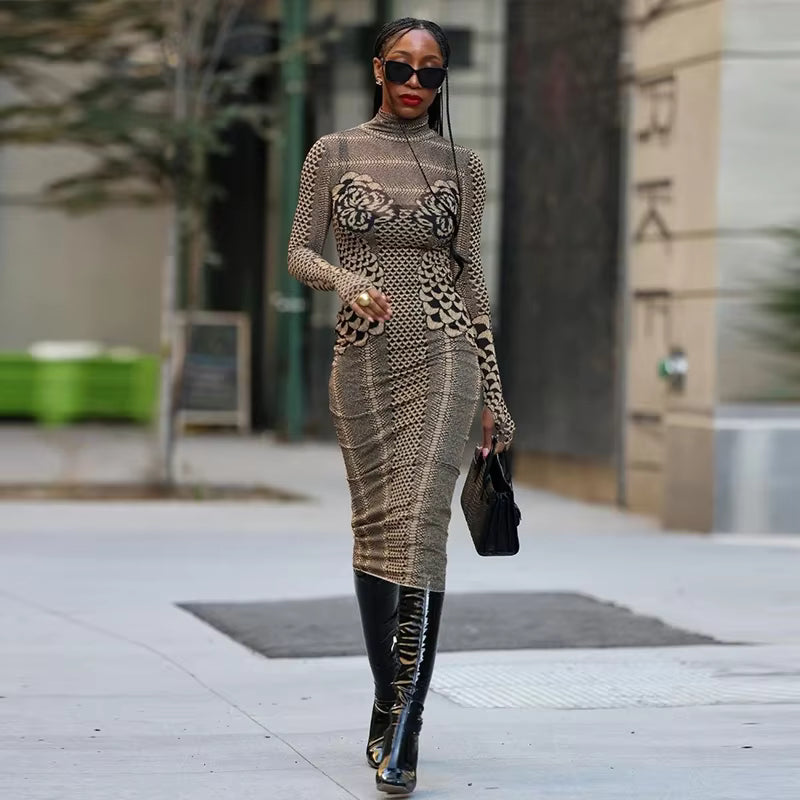 Trendy Mesh Sheer Long Sleeve Party Club Bodycon Midi Dress Streetwear